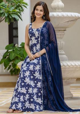 Blue Floral Print Cotton Kurta Set