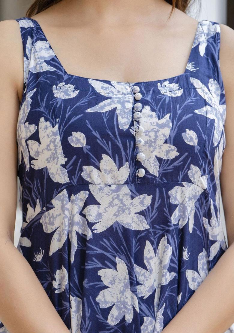 Blue Floral Print Cotton Kurta Set - Indya