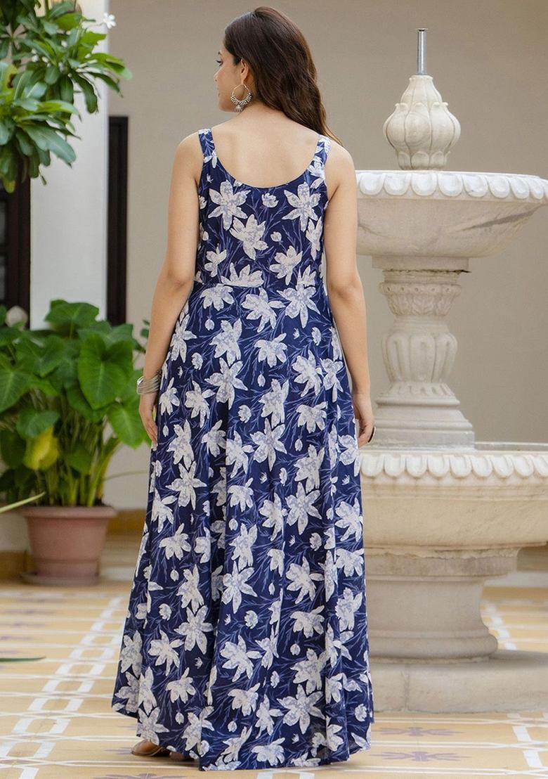 Blue Floral Print Cotton Kurta Set - Indya