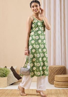 Green Floral Print Cotton Kurtas