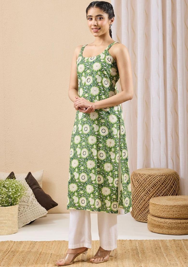 Green Floral Print Cotton Kurtas - Indya