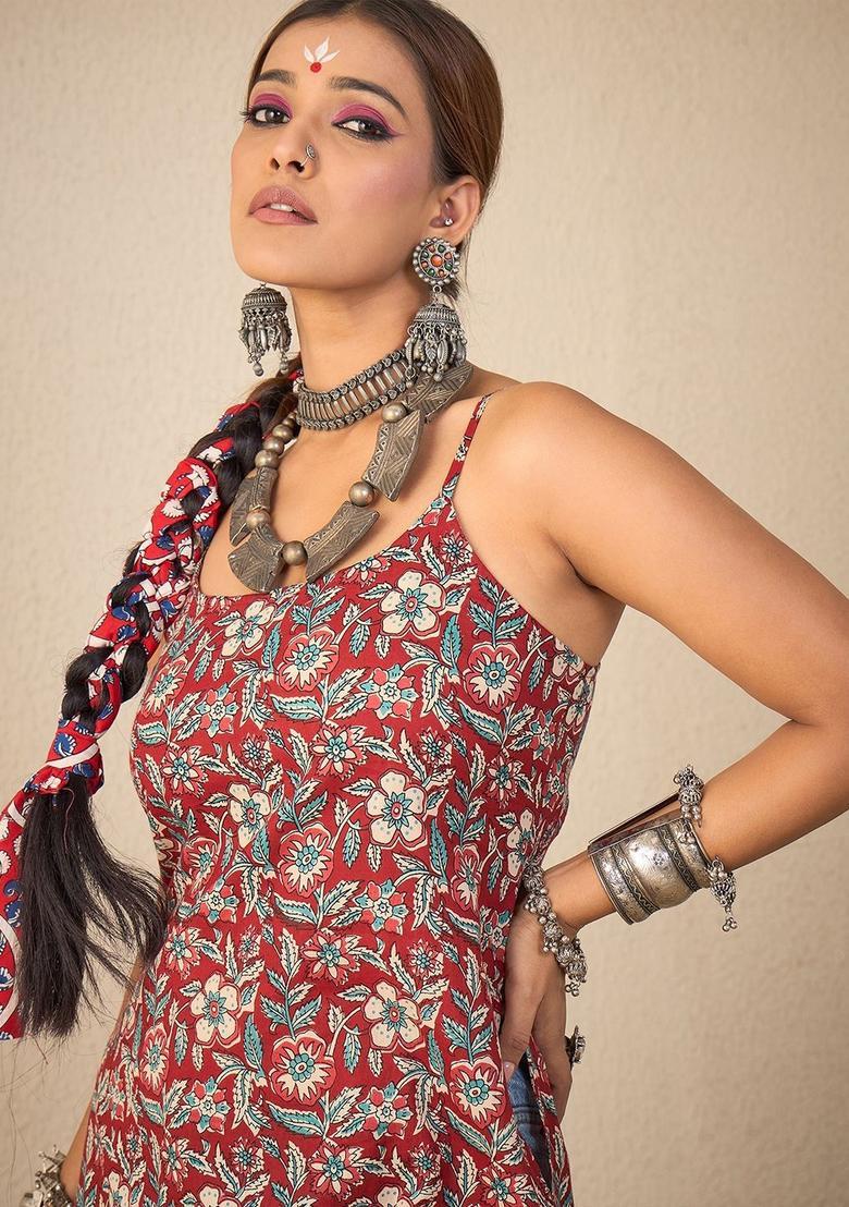 Maroon Floral Print Cotton Kurtas - Indya