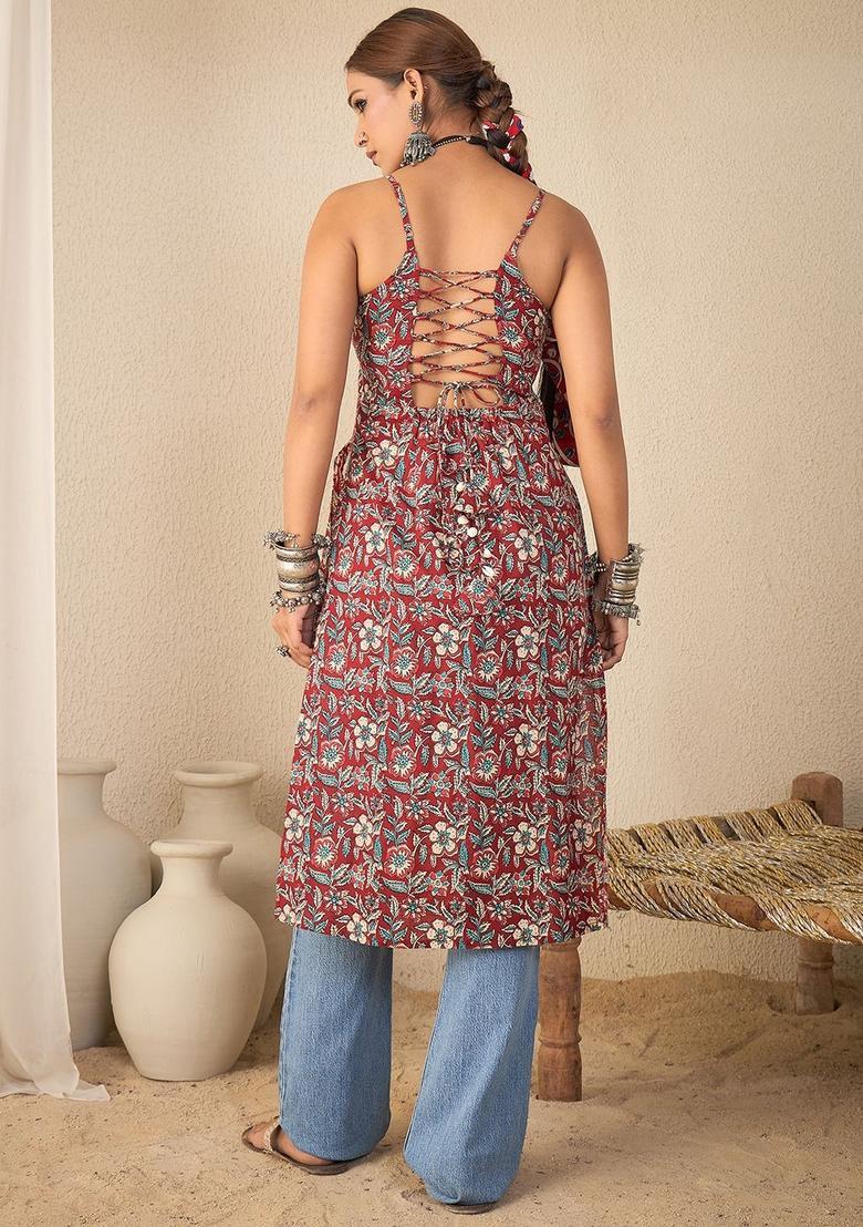 Maroon Floral Print Cotton Kurtas - Indya