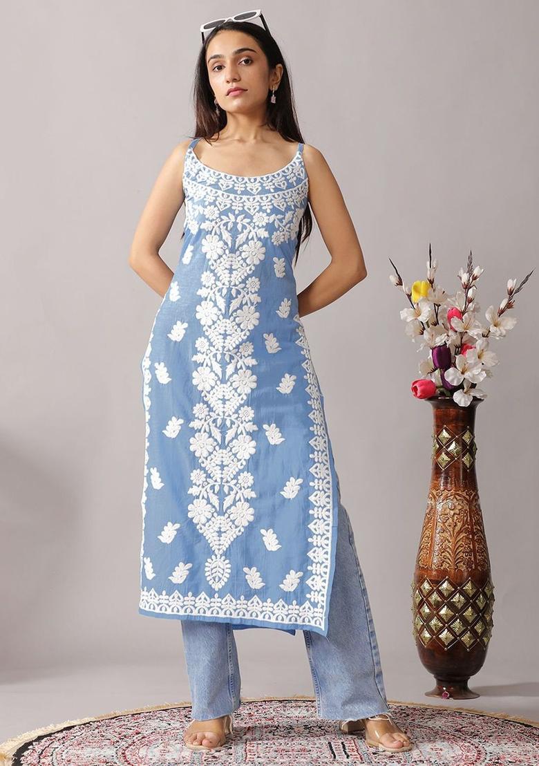 Blue Embroidered Kurtas - Indya