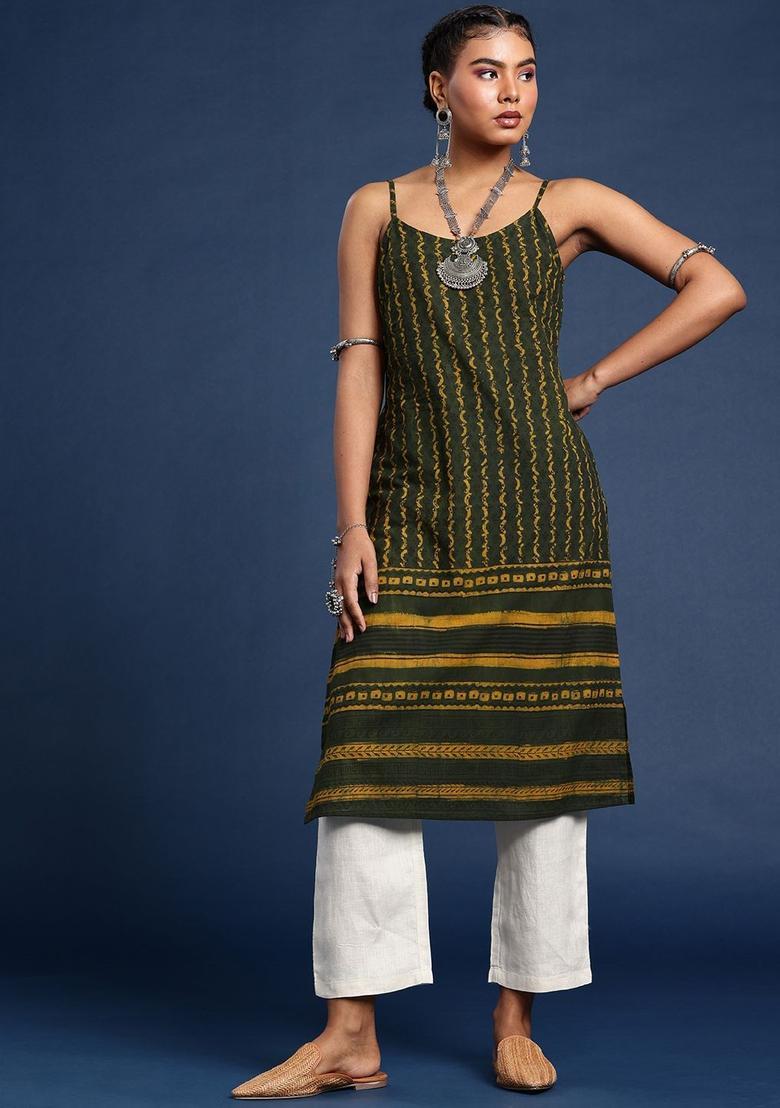 Green Printed Cotton Kurtas - Indya