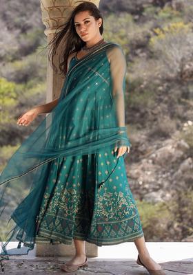 Teal Floral Print Kurtas