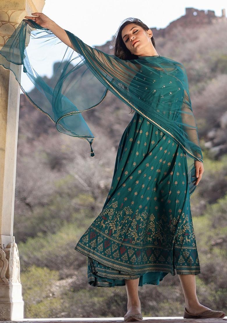 Teal Floral Print Kurtas - Indya
