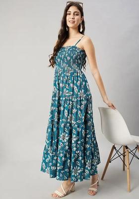 Teal Floral Print Cotton Kurtas