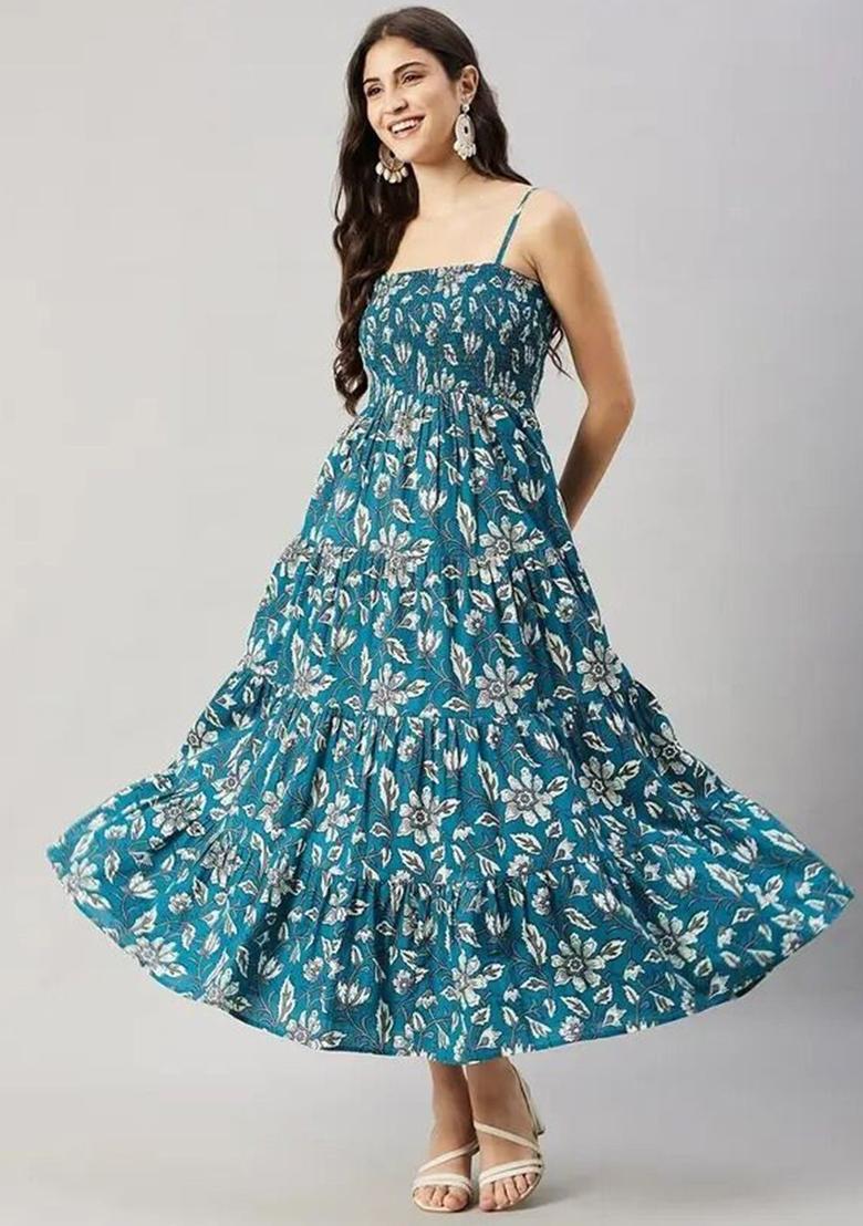 Teal Floral Print Cotton Kurtas - Indya