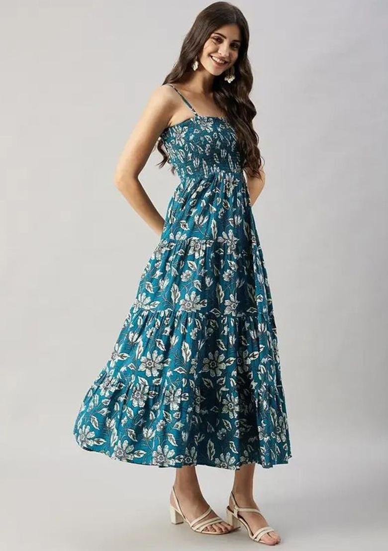 Teal Floral Print Cotton Kurtas - Indya