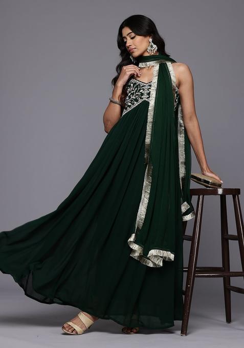 Green Embroidered Kurta Set — view on Indya