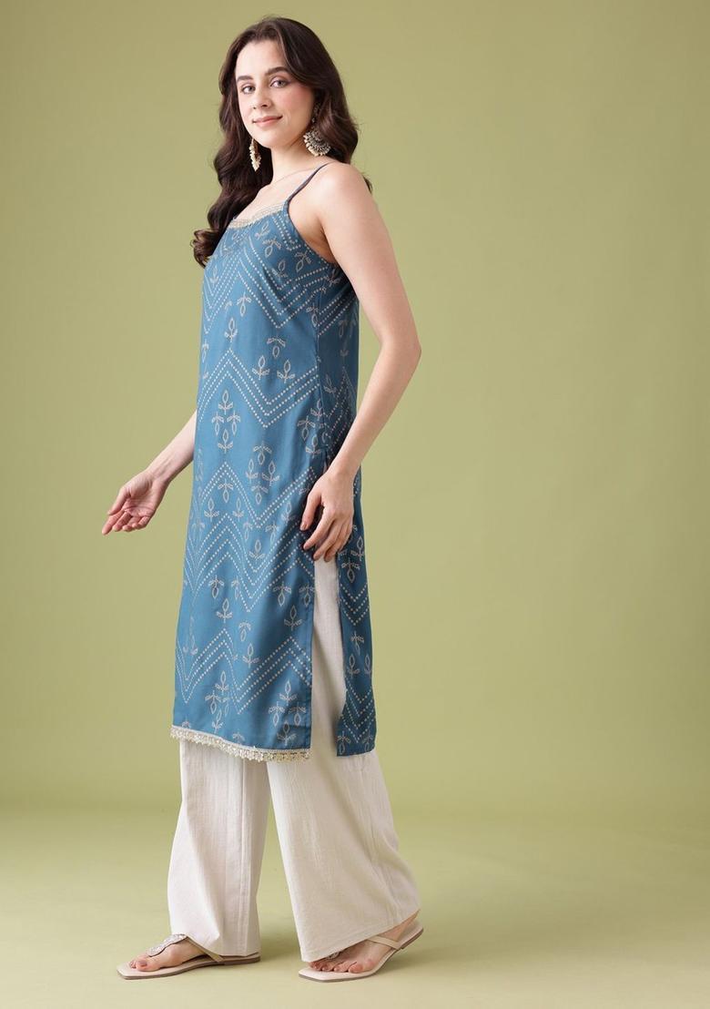 Blue Floral Print Kurtas - Indya