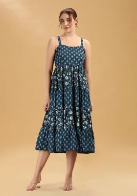 Navy Blue Floral Print Cotton Kurtas