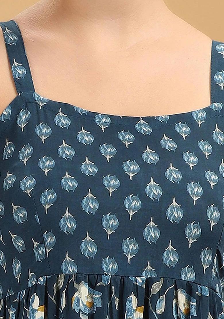 Navy Blue Floral Print Cotton Kurtas - Indya