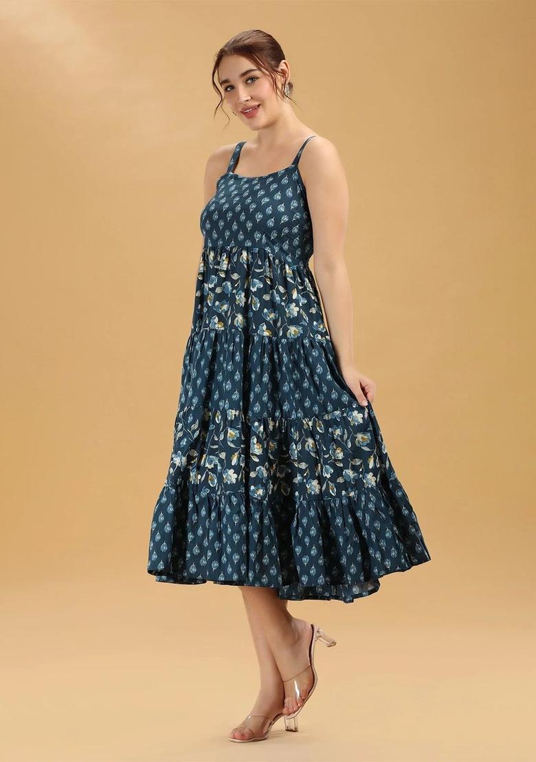 Navy Blue Floral Print Cotton Kurtas - Indya