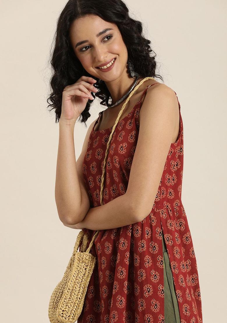 Maroon Printed Cotton Kurtas - Indya