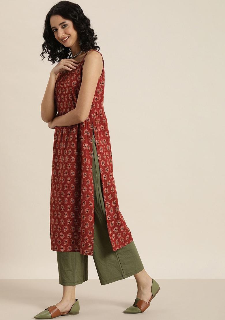 Maroon Printed Cotton Kurtas - Indya