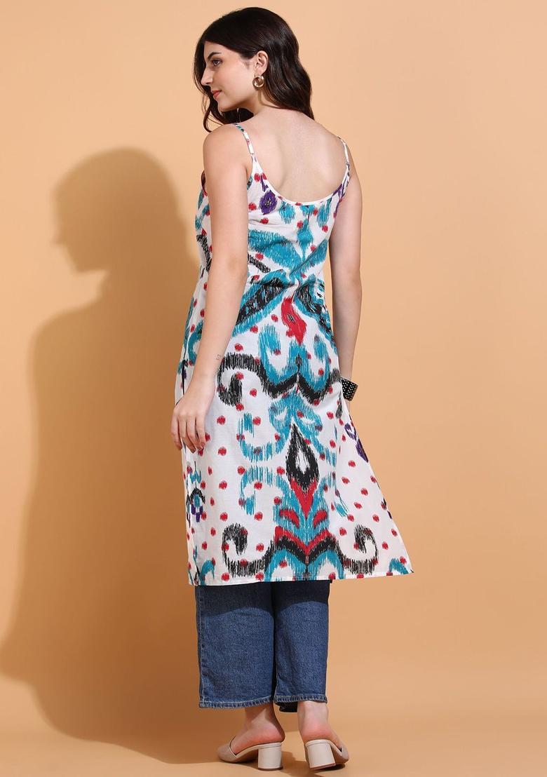 White Floral Print Cotton Kurtas - Indya