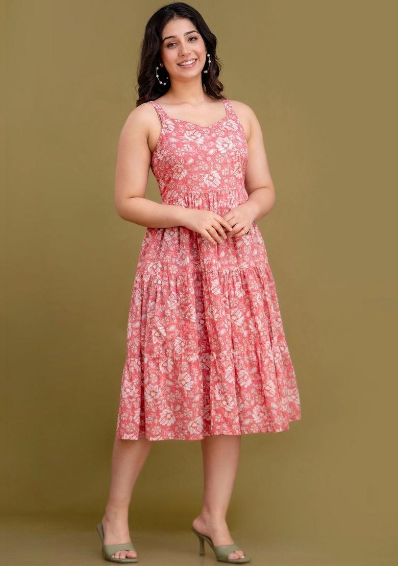 Peach Floral Print Kurtas - Indya