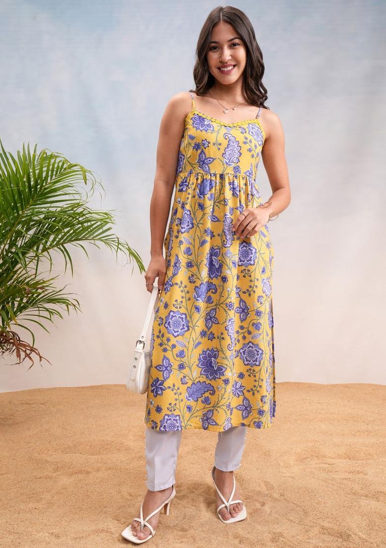 Yellow Floral Print Kurtas - Indya