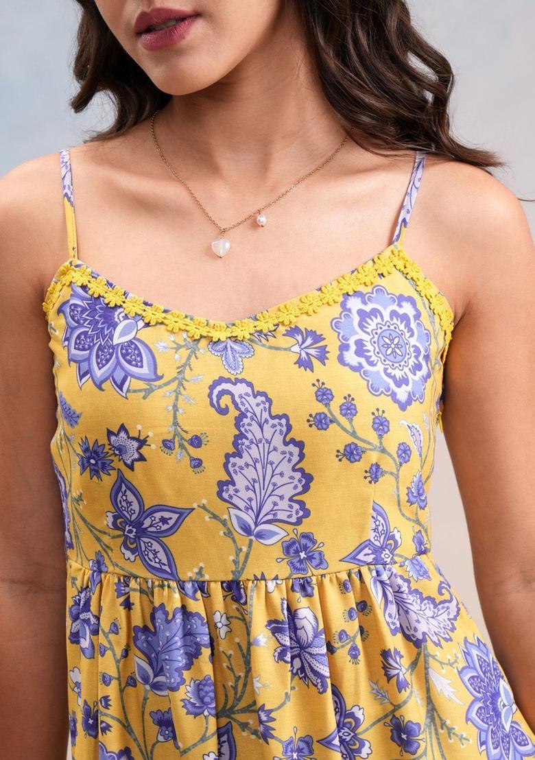 Yellow Floral Print Kurtas - Indya