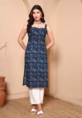 Blue Floral Print Cotton Kurtas