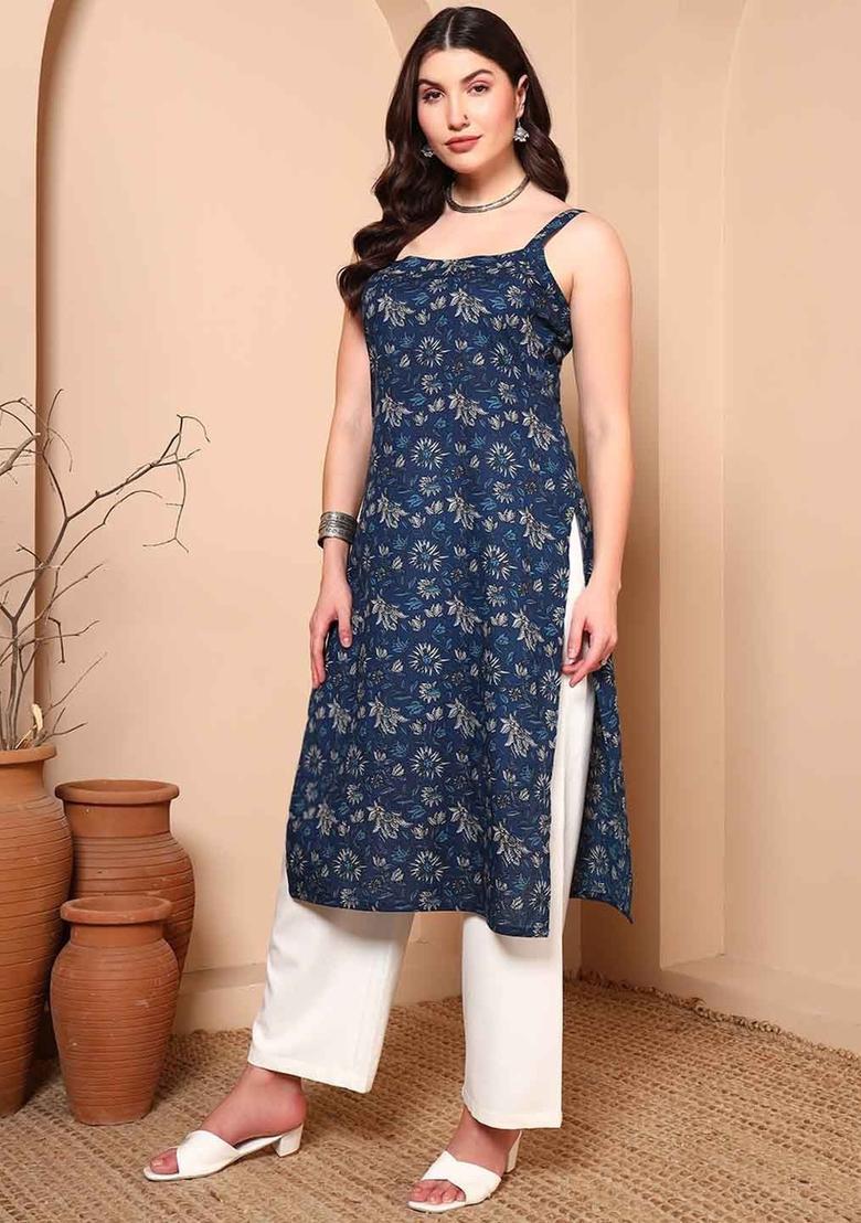 Blue Floral Print Cotton Kurtas - Indya