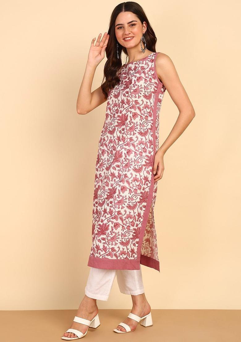 Mauve Floral Print Cotton Kurtas - Indya