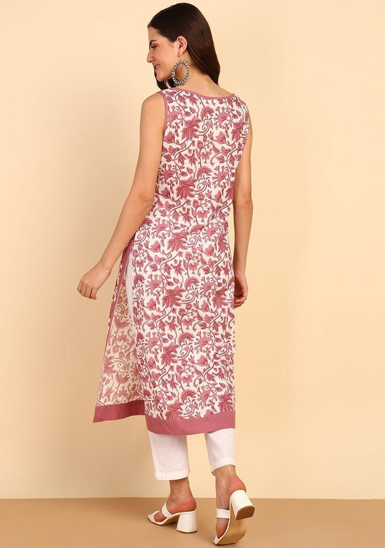 Mauve Floral Print Cotton Kurtas - Indya