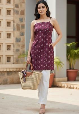 Maroon Floral Print Cotton Kurtas