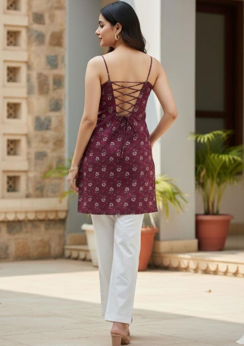 Maroon Floral Print Cotton Kurtas - Indya