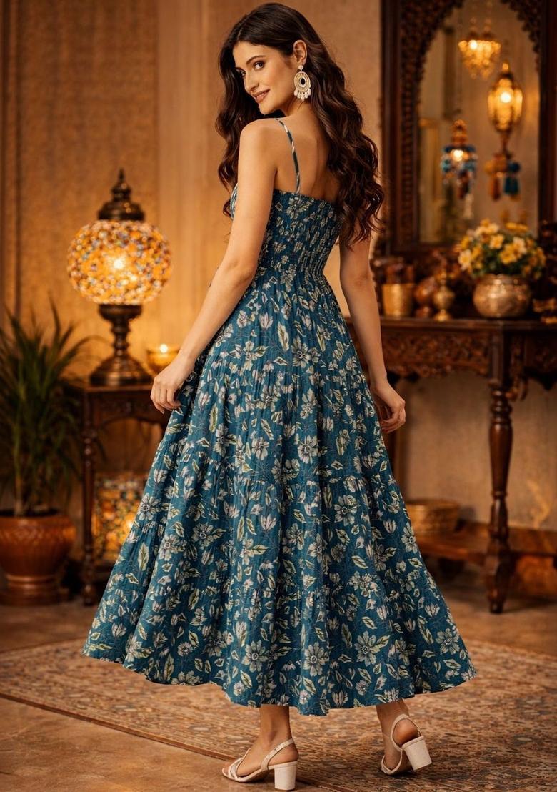 Teal Floral Print Kurtas - Indya