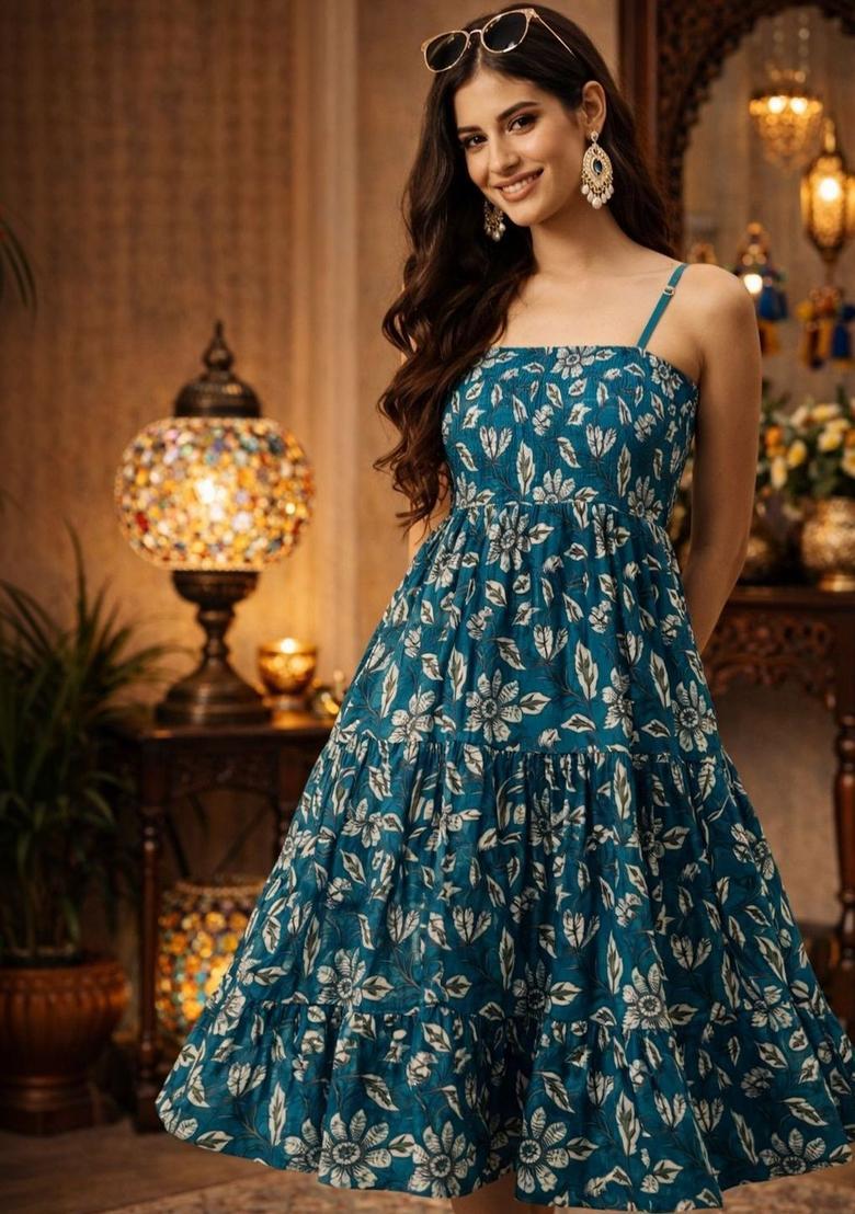 Teal Floral Print Kurtas - Indya