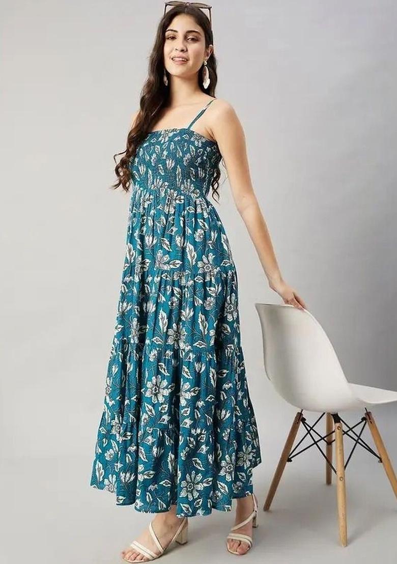 Teal Floral Print Kurtas - Indya