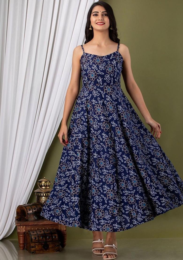 Navy Blue Floral Print Kurtas - Indya