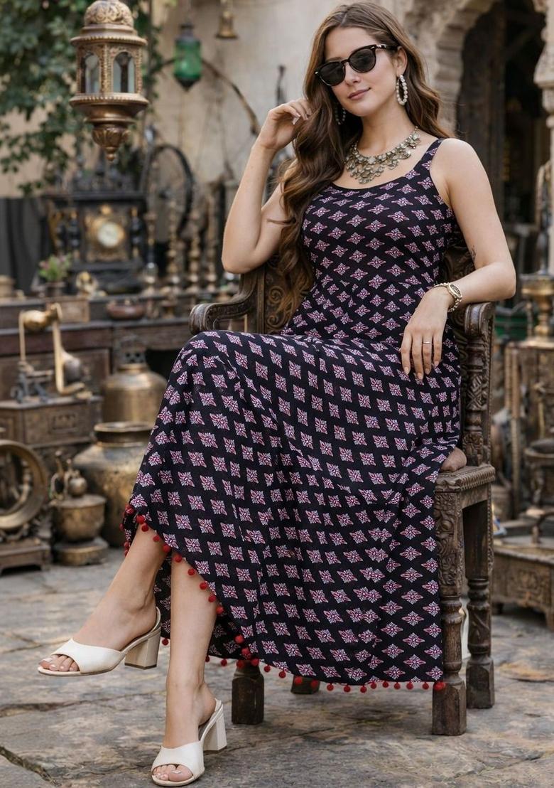 Black Floral Print Kurtas - Indya