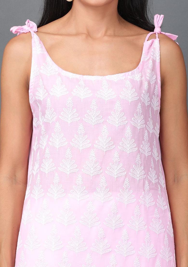 Pink Embroidered Cotton Kurtas - Indya