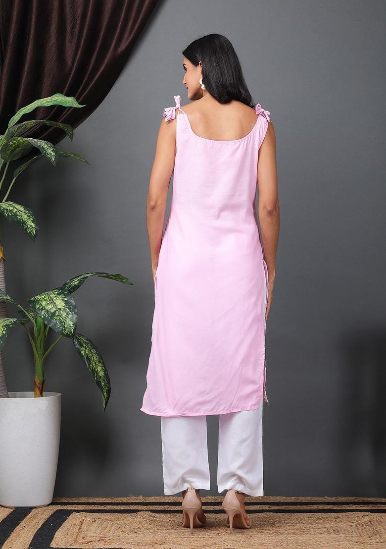 Pink Embroidered Cotton Kurtas - Indya