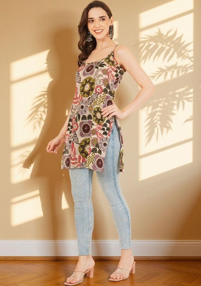 Cream Floral Print Kurtas - Indya