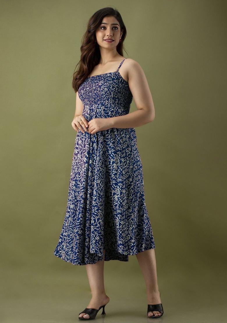 Navy Blue Floral Print Kurtas - Indya
