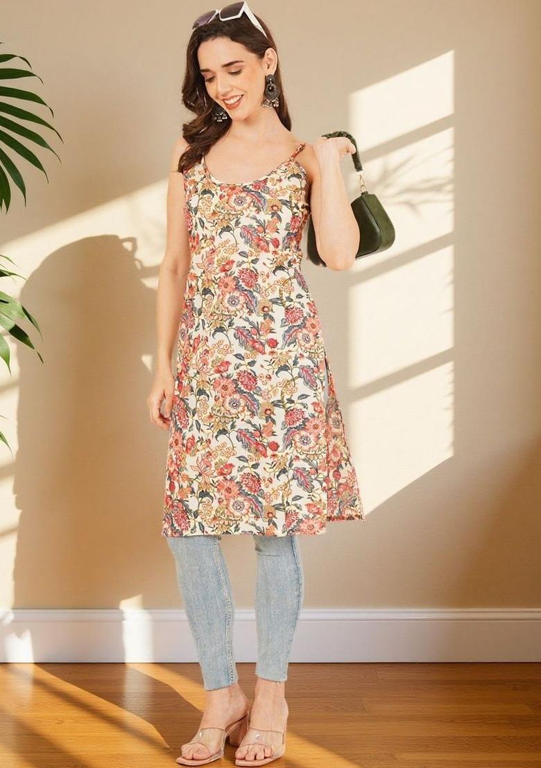 Beige Floral Print Cotton Kurtas - Indya