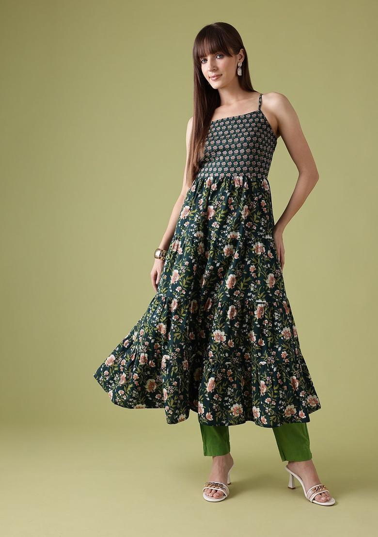 Green Floral Print Cotton Kurtas - Indya