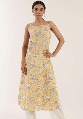 Yellow Floral Print Cotton Kurtas
