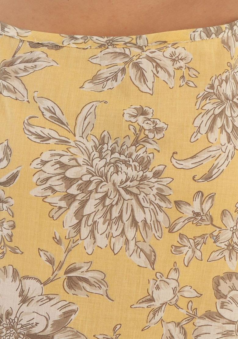 Yellow Floral Print Cotton Kurtas - Indya