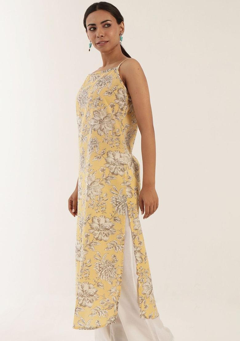 Yellow Floral Print Cotton Kurtas - Indya