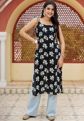 Black Floral Print Kurtas