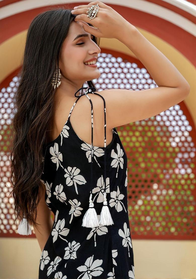 Black Floral Print Kurtas - Indya