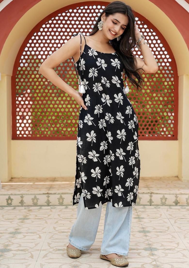 Black Floral Print Kurtas - Indya
