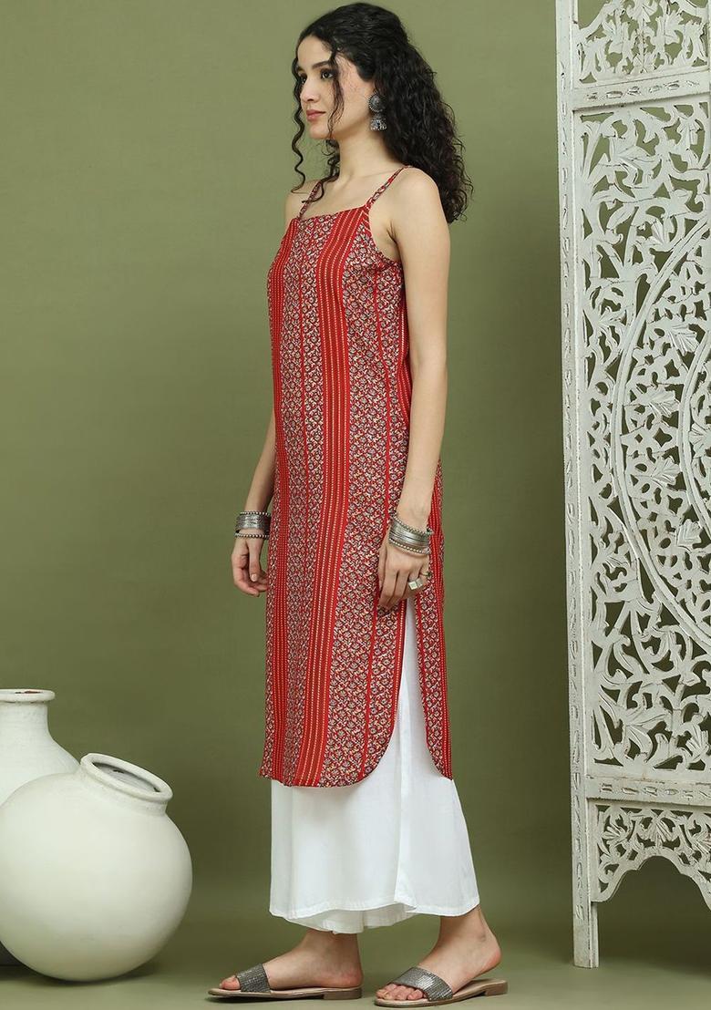 Red Floral Print Kurtas - Indya