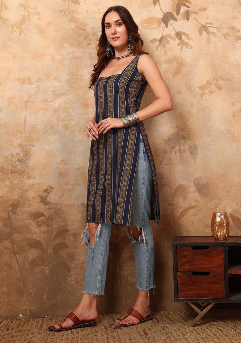 Navy Blue Striped Cotton Kurtas - Indya